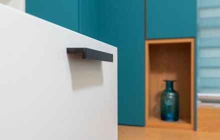 A kitchen drawer handle close up