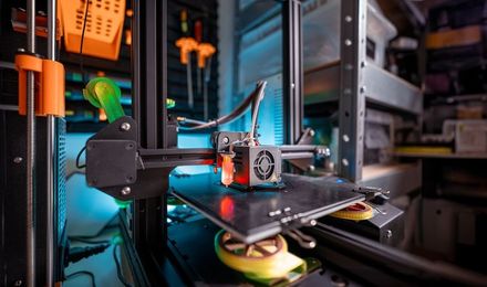 A rack of 3D printers producing parts in batch
