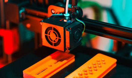 Orange 3D-printed bracket being printed